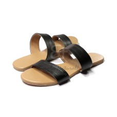 slip on double strap comfy flat sandals in soft black faux leather   front strap w= 3cm