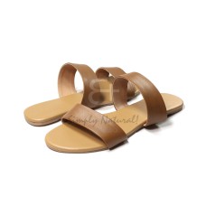 slip on double strap comfy flat sandals in soft tan faux leather   front strap w= 3cm