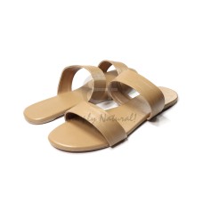 slip on double strap comfy flat sandals in soft nude faux leather   front strap w= 3cm