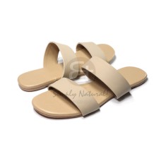 slip on double strap comfy flat sandals in soft light beige faux leather   front strap w= 3cm
