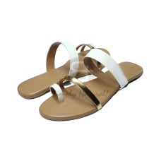 toe ring comfy flat sandals in soft white faux leather with metallic gold strap combination   front strap 