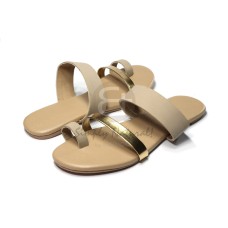 toe ring comfy flat sandals in soft beige faux leather with metallic gold strap combination   front strap 