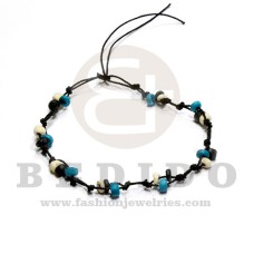 macrame coco pokalet beads turqoise black and bleach beads in black cord