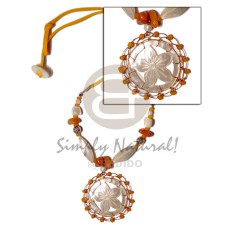 carved round floral mother of pearl shell (MOP) with brass wire