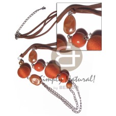 2 rows brown leather thong with 2pcs. wrapped and round wood beads