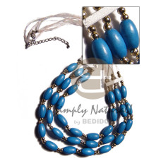 3 graduated rows of 15mmx8mm bright blue capsule wood beads and