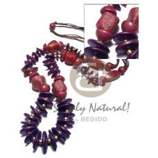 20mm purple coco disc with wrapped wood beads in reddish pink gold
