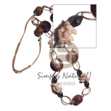 looped 35mm rounds blacktabs and wood beads and frog shells in a
