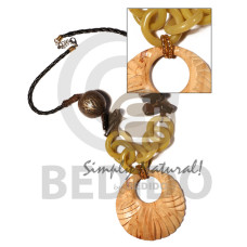 75mm grooved top coated round wood pendant with 30mm hole and resin rings, wood beads accent in braide