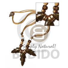 50x20mm stone marble leaf with brass, buri and wood beads accent in 5 rows wax cord  22in