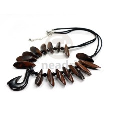 camagong tiger ebony hardwood sliced cut wood beads with black carabao horn pendant  18in