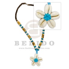4-5mm coco beads tiger w/ 7-8 coco pokalet beads in blue bleached with wood tube / cowrie flower sig