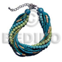twisted 4 rows aquamarine 2 3mm coco heishe. 2 rows wood beads 3
