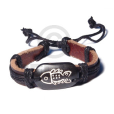 surfer black leather bracelet with black carved resin accent  tri