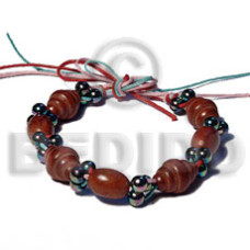 oval and beehive natural wood beads in wax cord with rainbow beads ac