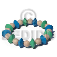 elastic round nat, white wood beads with green bluenatural wood sauce