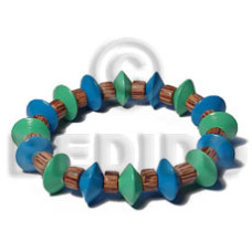 elastic cylinder palmwood beads with green blue natural wood saucer b