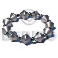 elastic double cone natural wood beads in silver with rainbow beads a