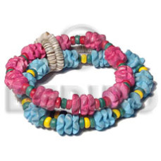 elastic trio  10mm pink and baby blue coco flowers and green sh