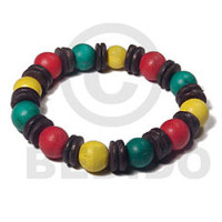 rasta elastic bracelet  10mm round wood beads and 7 8mm coco pklt combinationnation