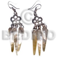 dangling 38mmx8mm mother of pearl shell (MOP) sticks in silver metal