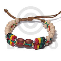 rasta .5in flat macrame bracelet  8mm sauce natural white wood beads, 7 8mm coco pokalet and oval wood