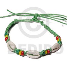 rasta braided pastel green macrame bracelet with 3 pcs. sigay cowrie shells  adjustable