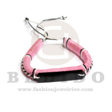 macrame pink bracelet with 48mm acrylic black id  adjustable bracelet