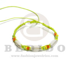 rasta friendship macrame bracelet bright yellow green w/ 3 pcs. sigay cowrie shells / adjustable
