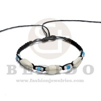 friendship macrame bracelet black white blue tones beads w/ 3 pcs. sigay cowrie shells / adjustable