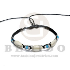 friendship macrame bracelet black white blue tones beads w/ 3 pcs. sigay cowrie shells / adjustable