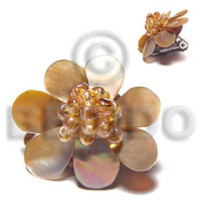 25mm flower petal brownlip shell with glass beadsclip earrings