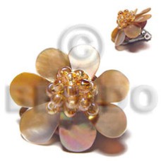 25mm flower petal brownlip shell with glass beadsclip earrings