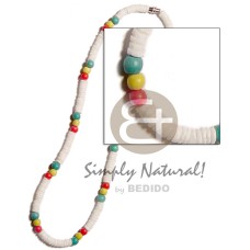 white clam heishe with red yellowithgreen wood beads